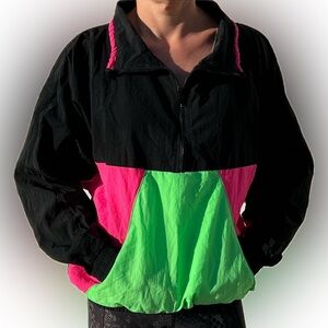 Vintage color block windbreaker jacket neon pink half-zip Shell Shock 80 90s Y2K